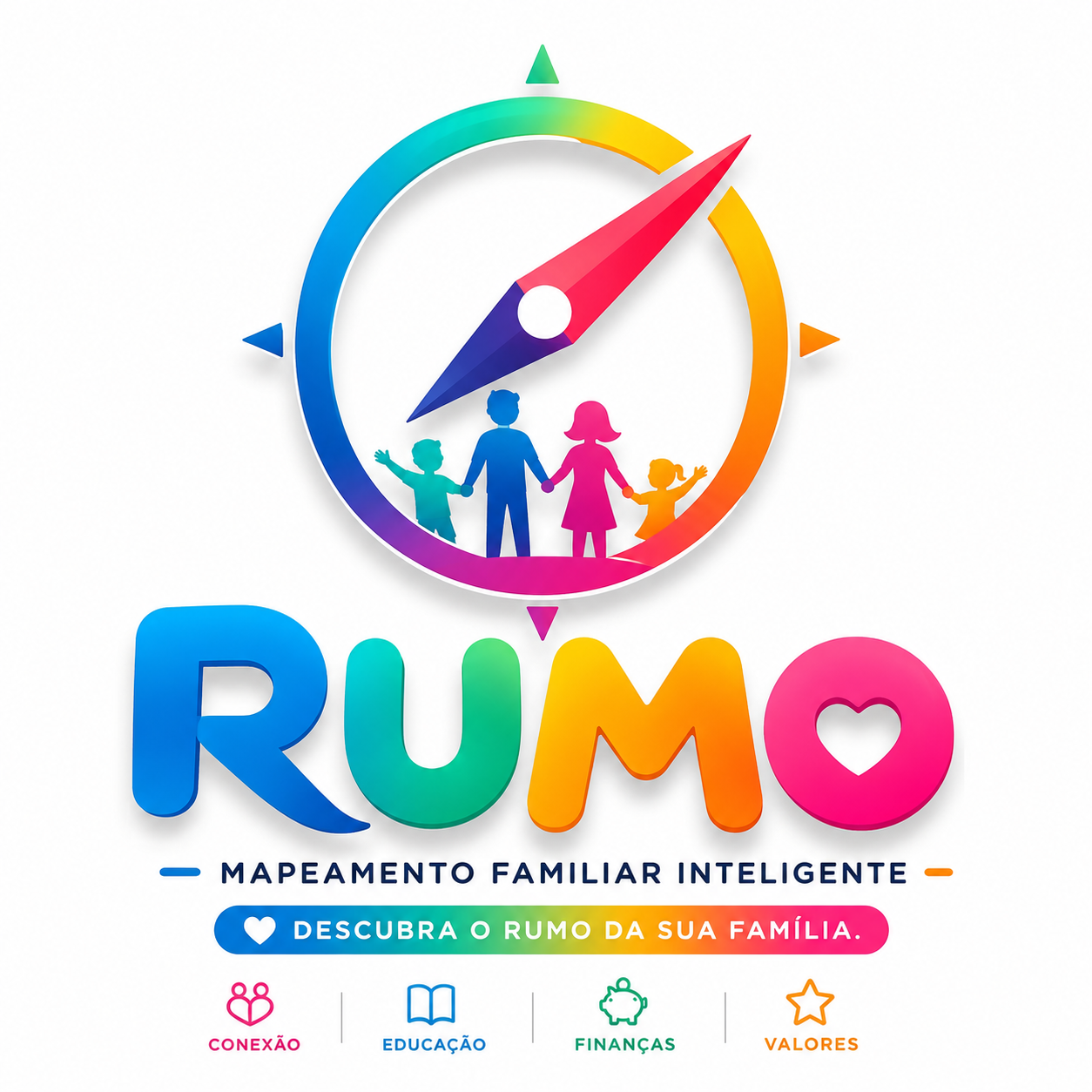 Logo RUMO — bússola colorida com uma família de mãos dadas.